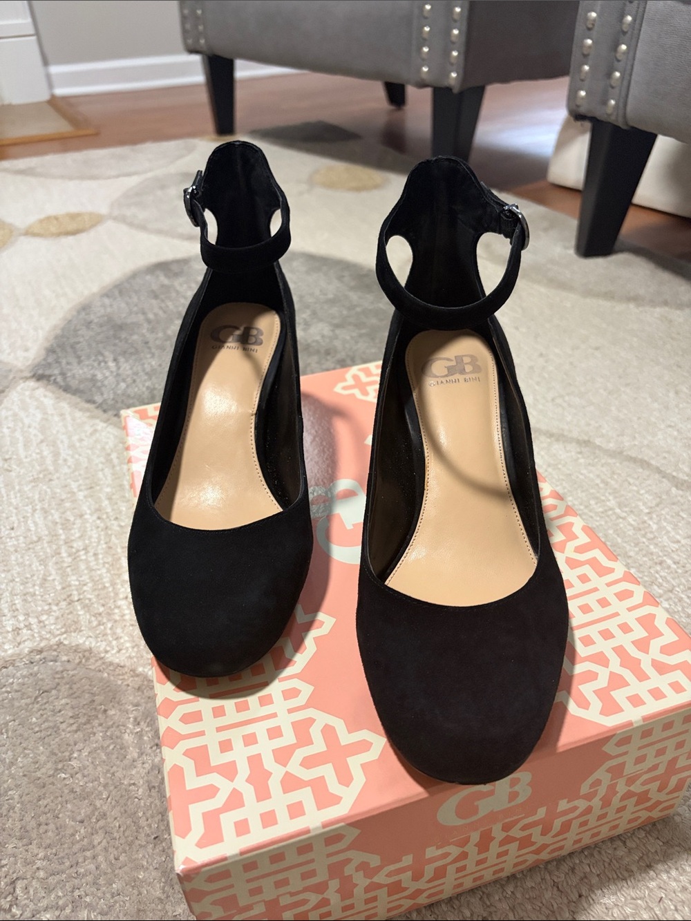 Gianni Bini Black Suede Ankle-Strap Round-Toe Pumps